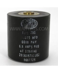 29160B751J02 Sangamo High Voltage Cylindrical Capacitor .00075mfd 6kv  6.8 Amps @ 1000KC (NOS)